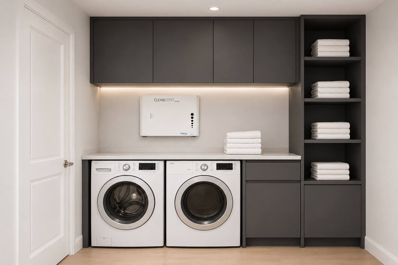 Laundry room with the RainSoft CleanStart mounted on the wall